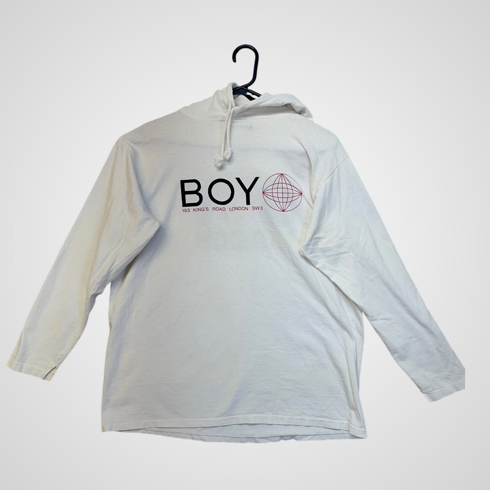 Boy London Hooded T-Shirt Mens White Fair Vintage Graphic Long Sleeve Streetwear